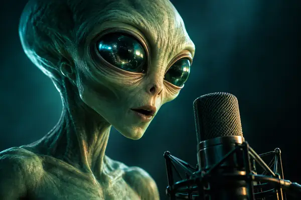 Blassgrüner Alien mit übergroßen reflektierenden Augen vor einem dunklen türkisfarbenen Hintergrund