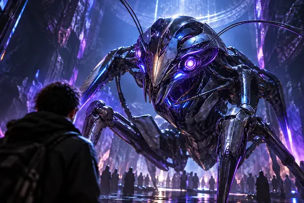 Insektenartiger Roboter-Alien mit metallischen Gliedmaßen und dramatischem blau-violettem Kantenlicht