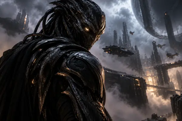 Dunkel gepanzerter Alien mit leuchtenden Augen in einer rauchigen Science-Fiction-Umgebung