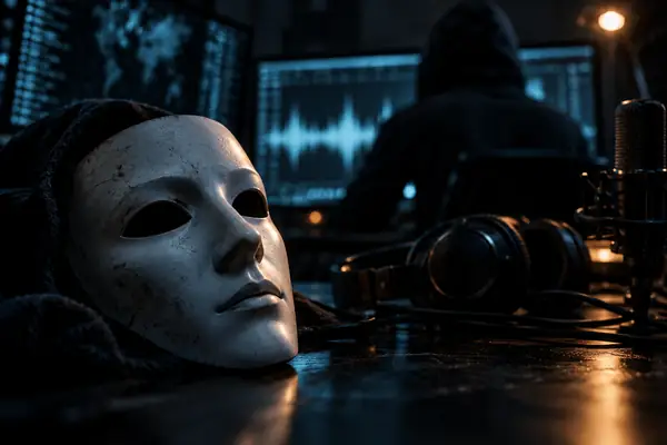Weiße anonyme Maske im Schatten mit einer dezenten, von Hackern inspirierten Atmosphäre