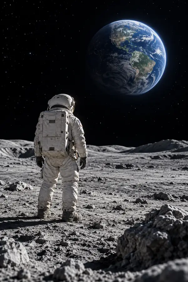 Astronaut allein auf einer grauen Mondoberfläche unter einem schwarzen Himmel, weitläufiges Porträt