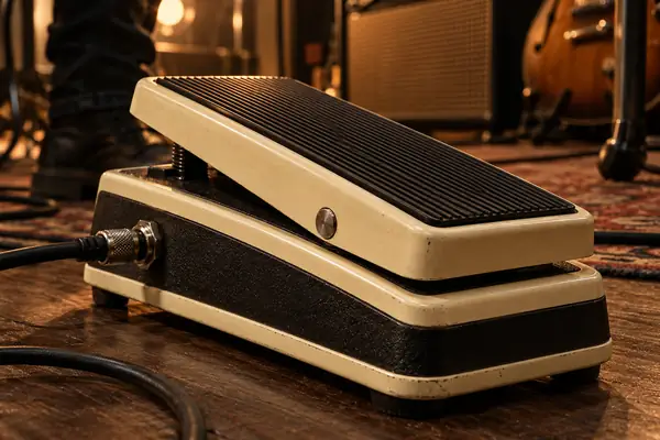 Nahaufnahme eines Vintage-Wah-Wah-Pedals mit warmem cremefarbenem und schwarzem Finish