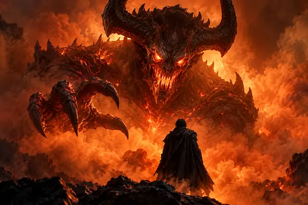 Feuriger gehörnter Dämon, der aus orangefarbenem Rauch hervortritt, episches Dark-Fantasy-Porträt