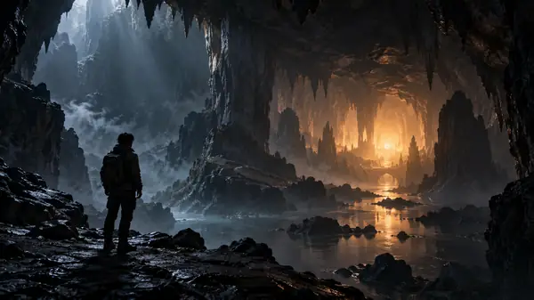 Riesige schattenhafte Höhle mit einem kleinen warmen Licht in der Ferne, filmische Weitwinkelperspektive