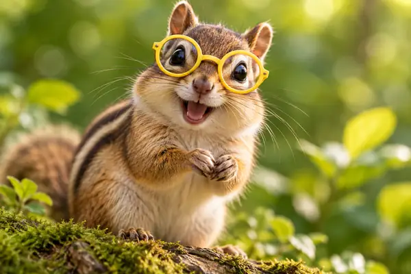 Niedliches Streifenhörnchen mit runder gelber Brille vor einem sanftgrünen Hintergrund