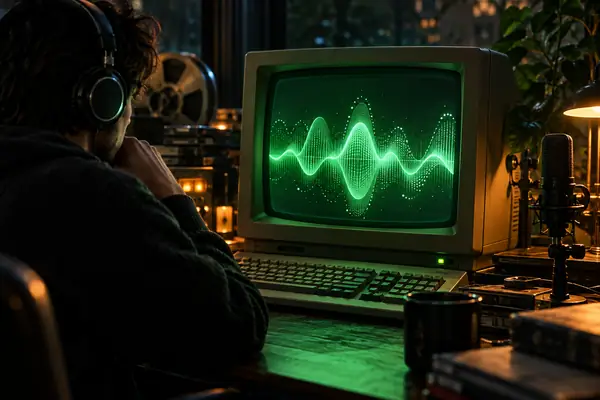 Retro-Computerterminal mit leuchtend grünem Bildschirm auf einem dunklen Schreibtisch, nostalgisches Studiofoto