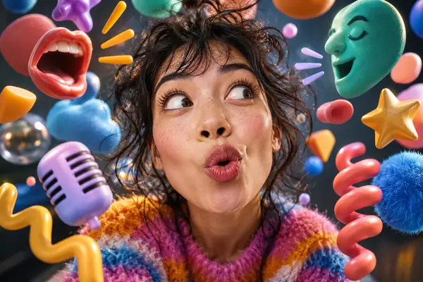 Verspieltes surreales Gesicht, umgeben von bunten, nicht zusammenpassenden Formen, humorvolles Porträt aus der Nähe