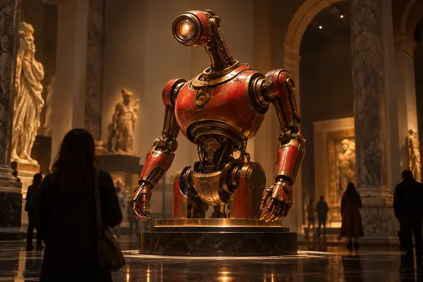 Rot-bronzefarbener Science-Fiction-Roboter mit einem einzelnen Augenstiel und dramatischer, museumsartiger Beleuchtung