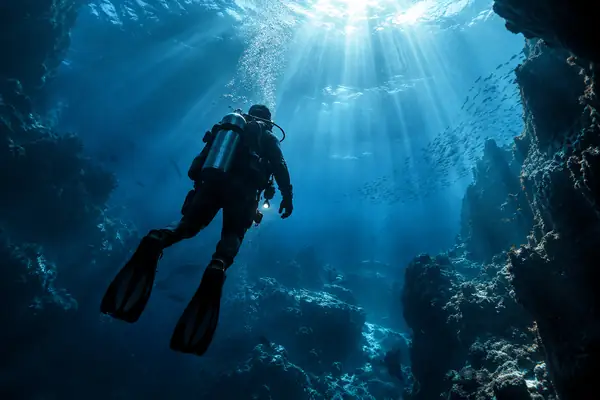 Tiefseetaucher, der im blauen Wasser schwebt, mit Lichtstrahlen von oben, filmische Bildkomposition