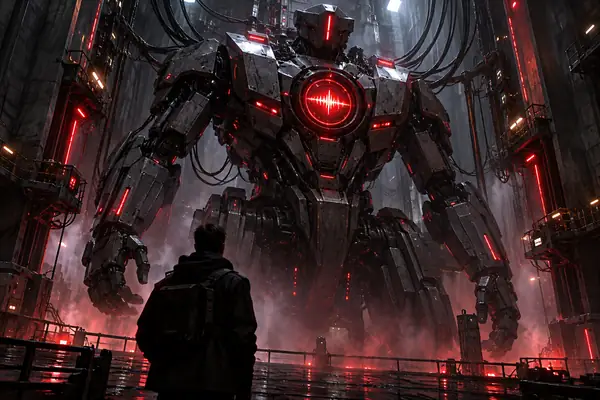 Großer kantiger Roboter mit roten Warnleuchten in einer dunklen Industriehalle