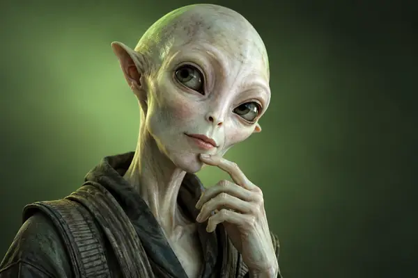 Neugieriges, blasses Alien-Porträt vor einem weichen grünen Studiohintergrund