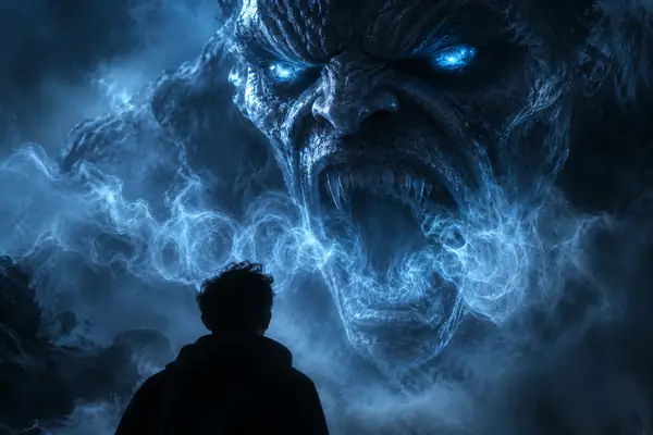 Blaues Filmmonster-Gesicht im dunklen Nebel, dramatische Nahaufnahme