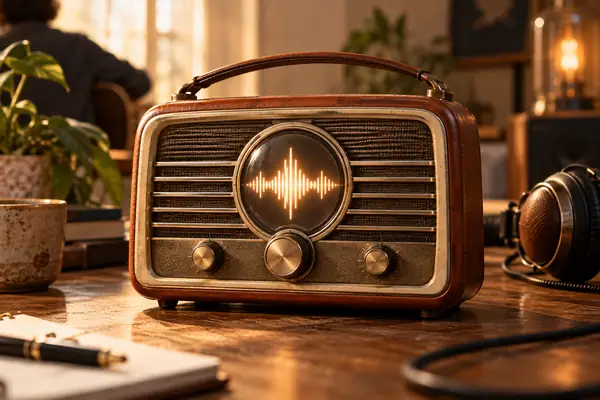 Tragbares Vintage-Radio auf einer warmen neutralen Oberfläche, zentrierte Produktaufnahme