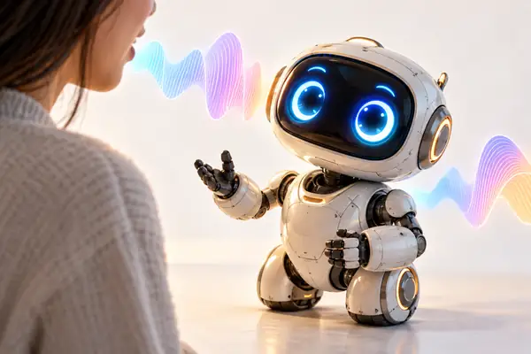 Kleiner, freundlicher Retro-Roboter mit leuchtenden Augen vor einem klaren, hellen Hintergrund