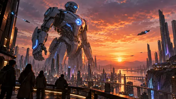 Aufragender Riesenroboter über einer futuristischen Stadt in der Abenddämmerung, breite filmische Perspektive