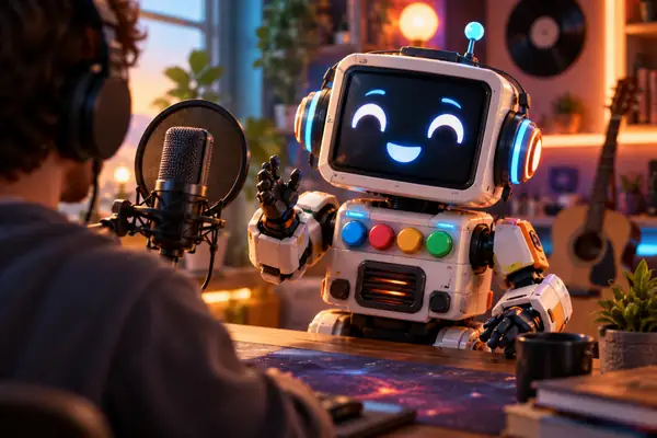 Verspielter Roboter aus Bausteinen mit quadratischem Bildschirmgesicht und bunten Tasten