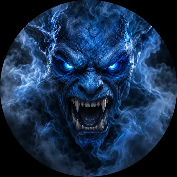 Blaues Monster-Gesicht, das aus rauchiger Dunkelheit auftaucht, kreisförmige Nahaufnahme mit grimmiger Stimmung
