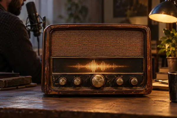 Altes Tischradio mit abgenutzten Bedienelementen auf einer neutralen Studiooberfläche, zentrierte Bildkomposition