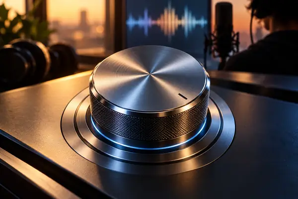 Polierte Metall-Audioregler mit konzentrischen Ringen und sanften Glanzlichtern im Studio