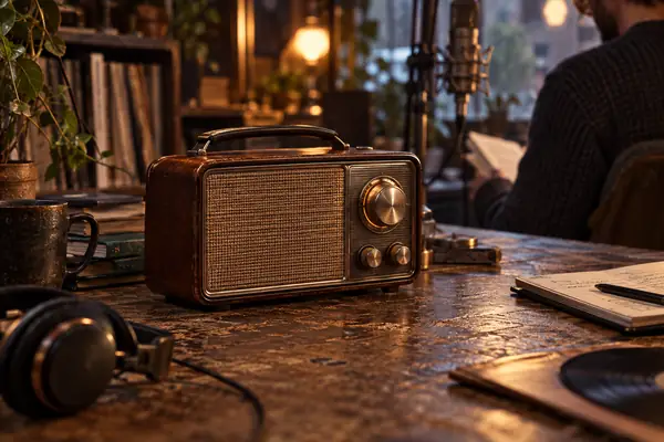Kompaktes Vintage-Radio auf einer zerkratzten Tischplatte, gedämpftes warmes dokumentarisches Licht