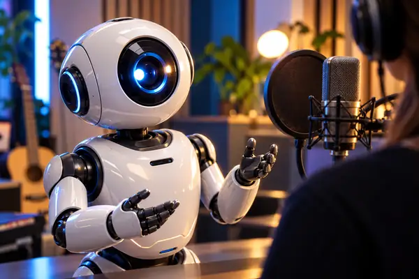 Kleiner polierter Roboter mit einem einfachen kreisförmigen Kameraauge, helles Studio-Porträt