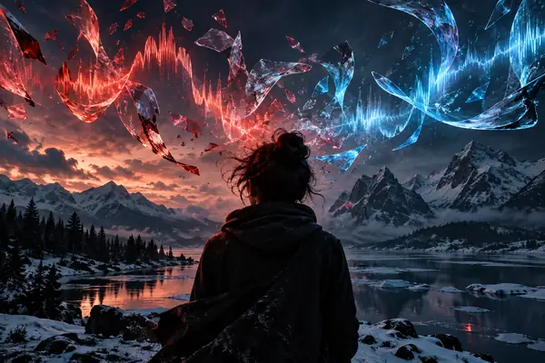 Surreale rote und blaue Klangfragmente über einer dunklen Winterlandschaft, abstraktes Porträt