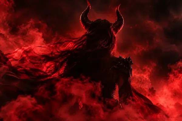 Rote gehörnte Silhouette, umgeben von tiefrotem Rauch, dramatisches düsteres Fantasy-Porträt