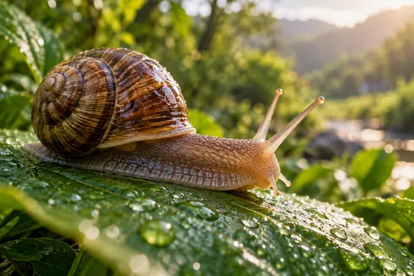 Detaillierte Gartenschnecke, die ein feuchtes grünes Blatt überquert, Makro-Naturfotografie