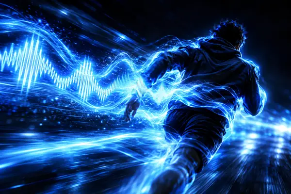 Elektrisch blauer Bewegungsschweif rast durch einen dunklen Hintergrund, abstraktes Geschwindigkeitsporträt