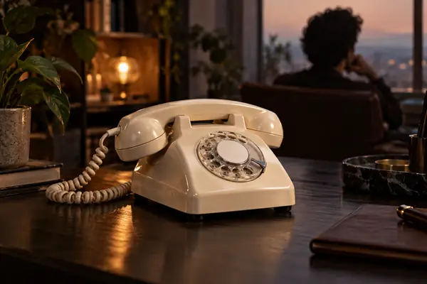Klassisches cremefarbenes Wählscheibentelefon auf einer dunklen Tischplatte, sanft beleuchtete Produktaufnahme