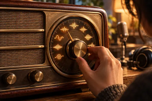 Nahaufnahme eines Vintage-Radio-Abstimmknopfs in warmen Beige- und Bronzetönen