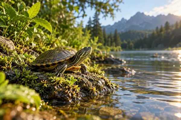 Kleine Schildkröte neben seichtem Wasser an einem natürlichen grünen Ufer