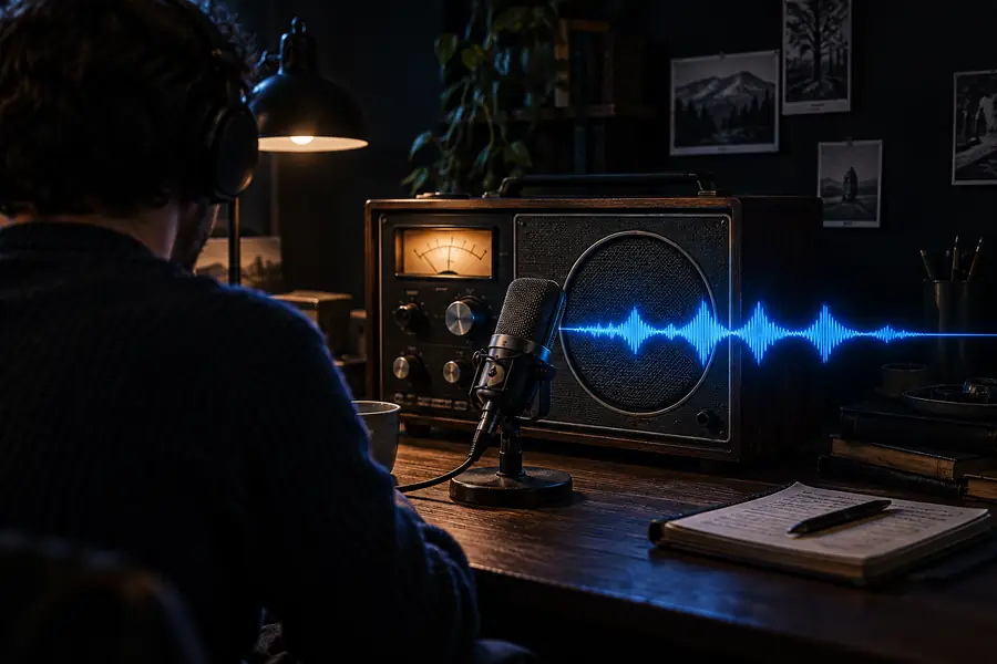 A radio-style illustration representing an unedited voice recording