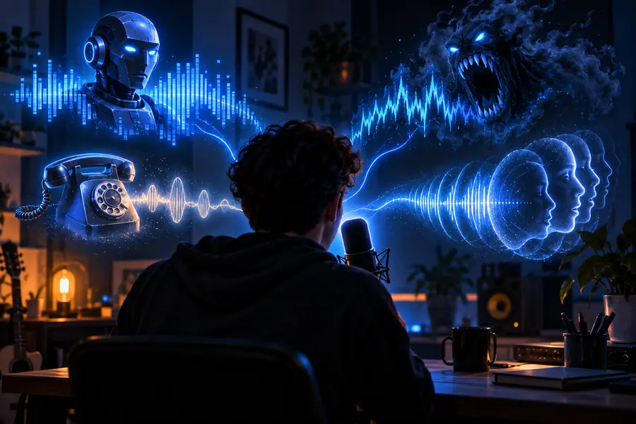 A stylized monster illustration representing an altered voice effect